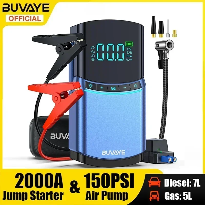 Car Jump Starter 4 in 1 Air Pump 150PSI Tyre Compressor 2000A Starter Device Power Bank Digital Inflatable Pump