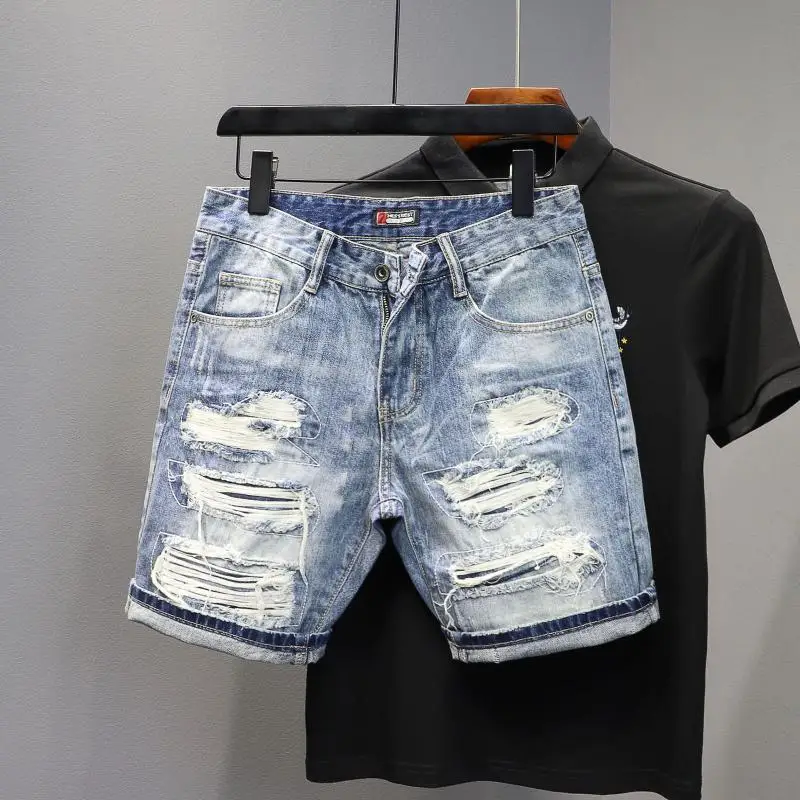 Denim Shorts 2025 Men's Summer Thin Ripped Patch Beggar Pants Cat Whisker Needle Sewing Slim Small Feet Short Jean Medium Pants