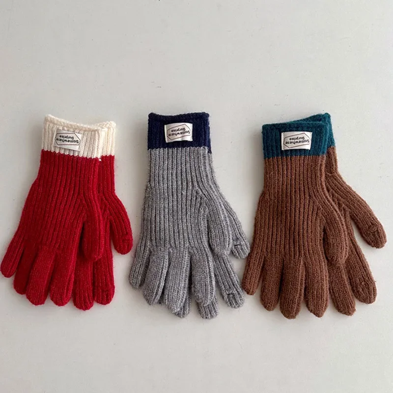 Winter Wool Kids Solid Gloves Thicken Children Baby Plush Furry Full Finger Knitted Mittens Autumn Outdoor Hand Warmer for 6-12Y 5