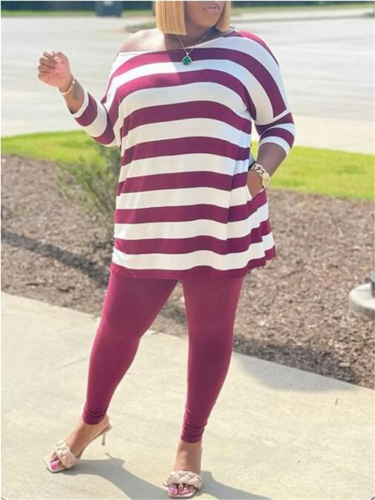 Plus Size Women Sets Striped Tops And Pencil Pants 2023 Spring Two Piece Set Female Designer Cloth Casual Sweatshirt Tracksuit
