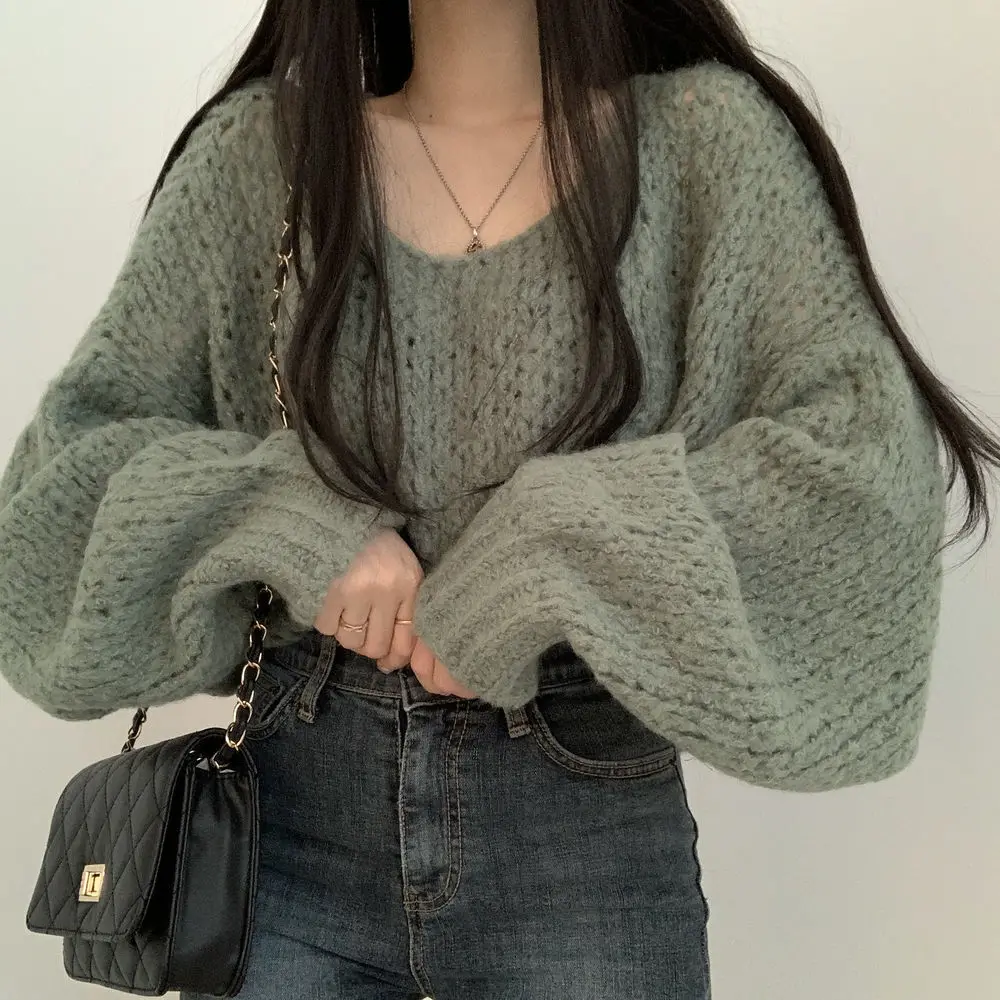 Oversized Sweaters for Women 2023 Pull Femme  Clothes O-neck Lantern Sleeve Casual Jumper Knitted Korean Cropped Pullovers