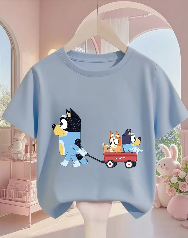 귀여운 카와이 어린이 티셔츠 블루이 인기 프린트 여름 스트리트 스타일 패션 탑 어린이용 3-14세