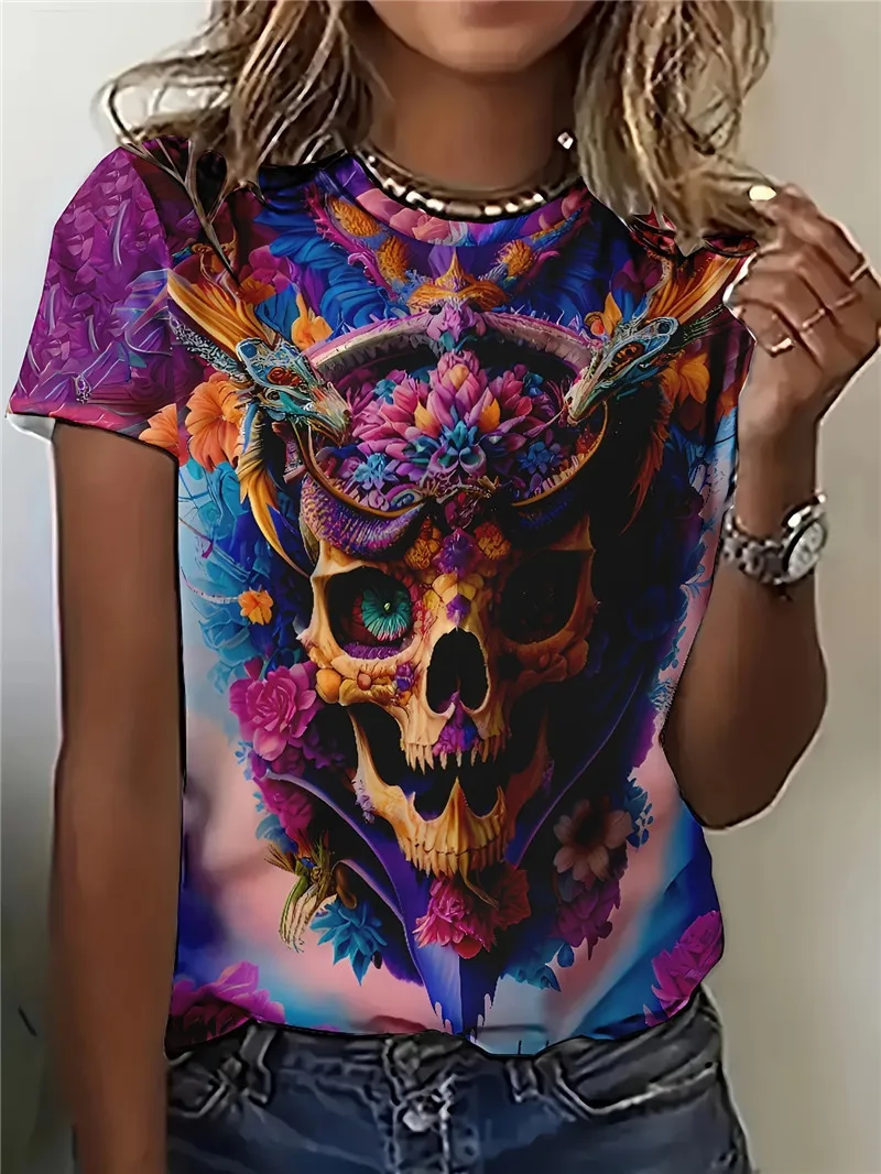 

Hip Hop Funny Skulls 3D Print Women T Shirts Summer 2024 New Tops Elegant Casual Loose Short Sleeve Ladies Woman Tees Shirts
