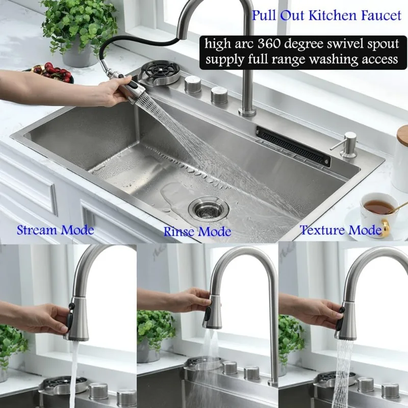 33 Inch Drop In Waterfall Kitchen Sink with Faucet Combo Workstation-Bokaiya 33x22 Waterfall Sink Drop In Smart 16 Gauge Multifu 5