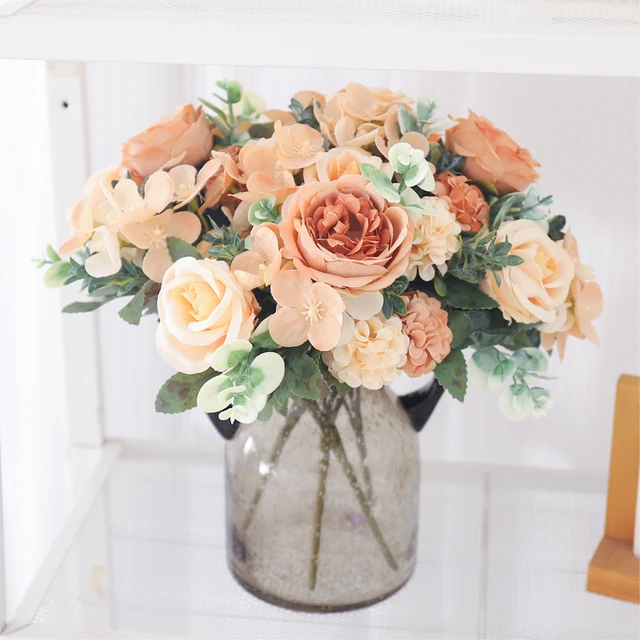Fleurs artificielles soie rose pivoine hortensia mariée Bouquet chambre maison décorations de Table de noël fête mariage Rose fausses plantes 5