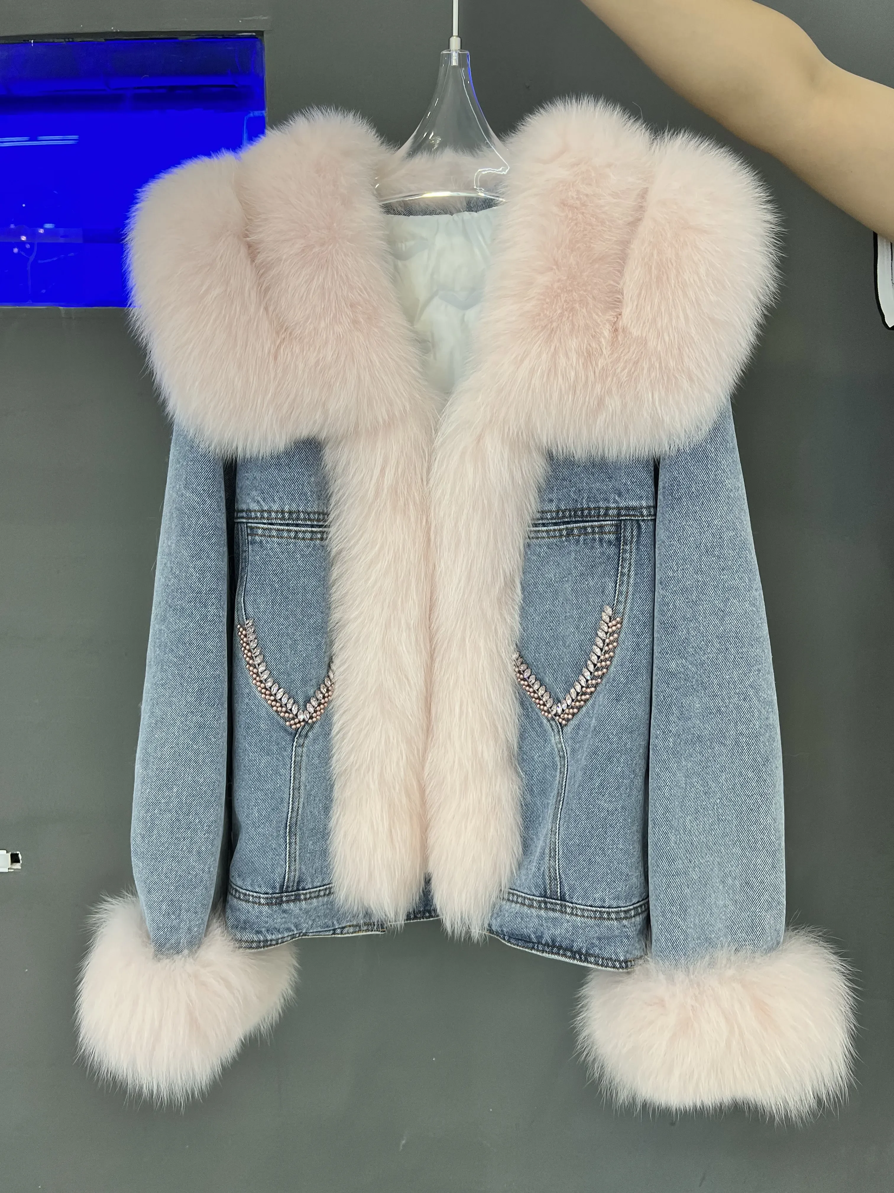 Real Big Fox Fur Collar Cowboy Coat Navy Light Luxury 2023 New Thick Warm Fluffy Fur Casual Knitted Goose Down Jacket for Women