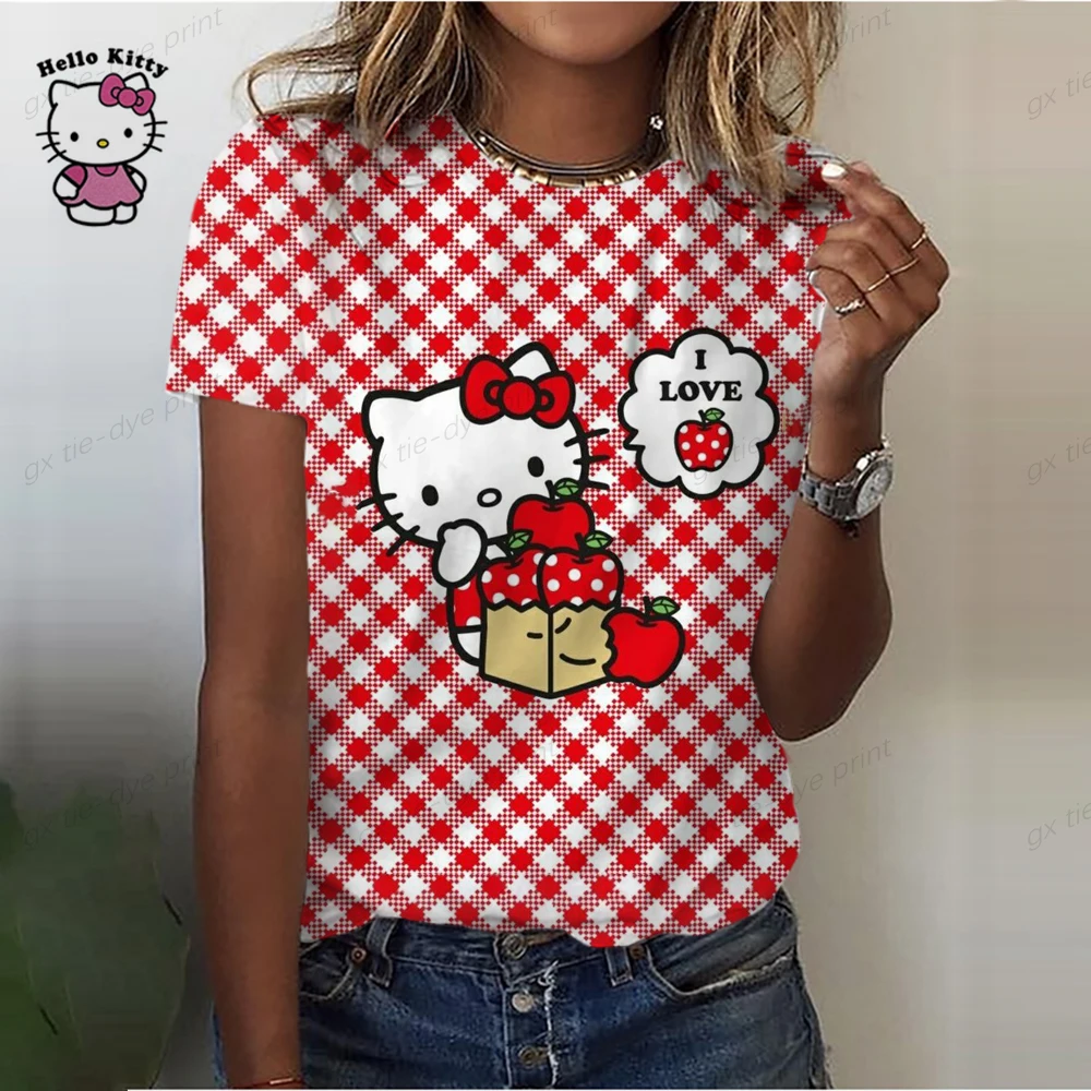 thumbnail image 1 of Camiseta con estampado de dibujos animados de Hello Kitty para mujer, camisetas con gráficos kawaii, camisetas casuales de manga corta a color para mujer, camisetas Harajuku con cuello redondo, 1 of 5