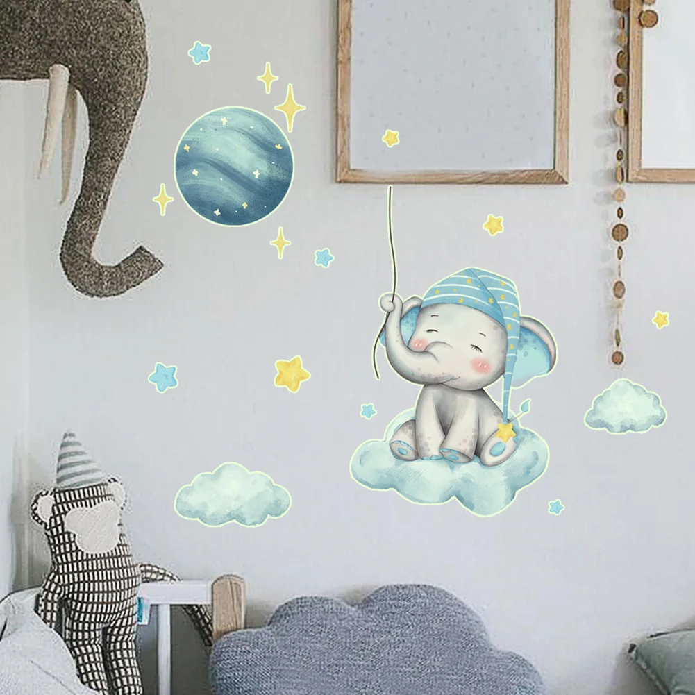 Autocollants Muraux en Forme de Petit Éléphant, Lune, Brille dans