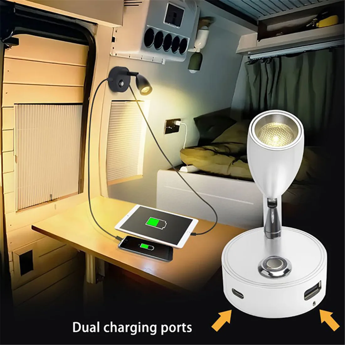 Dual USB Charging Ports 12V LED Reading Light RV Touch Dimmable Reading Lamp 3 Color USB C Charger 24 Volt Swivel Spotlight led light led reading light