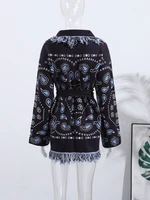 Vintage Tassels Print Women's Print Cardigan V-Neck Lace Up Full Sleeve Spliced Sweaters 2025 Autumn Lady All-match Kintwears - Image 3