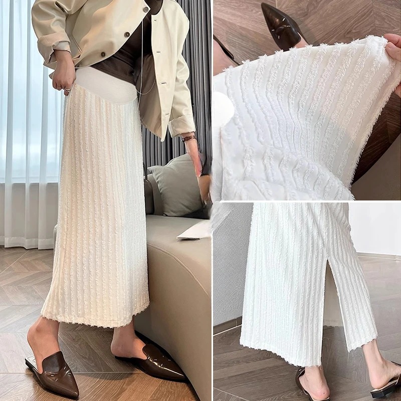 Good Quality Maternity Fleece Skirts Spring Autumn Back Split Tassel Patchwork Striped Pregnant Woman Mini Skirt