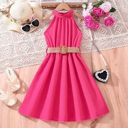 Ceeniu Girls' Sleeveless Halter Party Dress with Belt - 10T (Hot Pink)