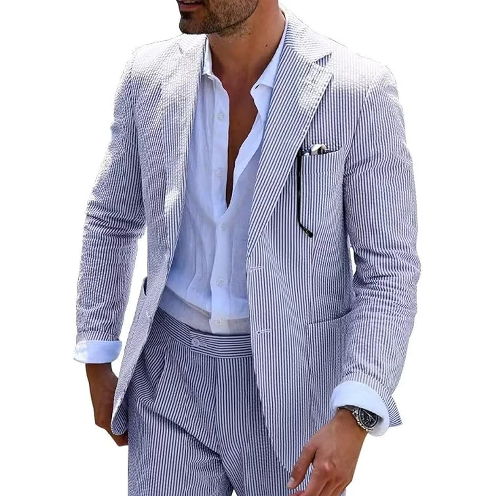 Summer Men Suits 2 Pieces Seersucker Notched Lapel Wedding Party Suit Jacket Pants Casual 2 Button Slim Fit