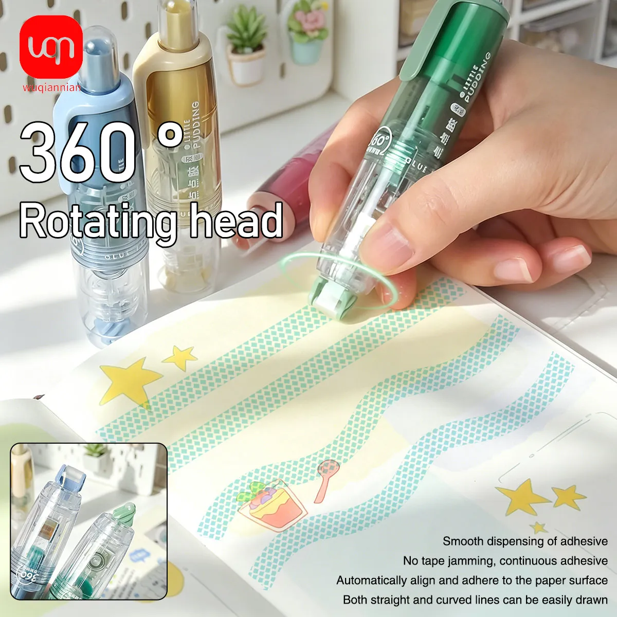 WQN-4PCS 360 ° 회전식 양면 테이프 0.24x315인치 DIY 스크랩북 교체 가능 코어 롤러 테이프 펜