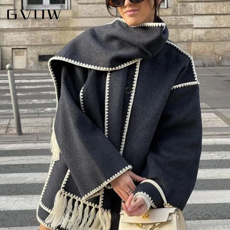GVUW Fashion Thickened Loose Woolen Coat Women's Scarf Collar Single Breasted Tassel Coats 2025 Autumn Winter New 17S2285 1