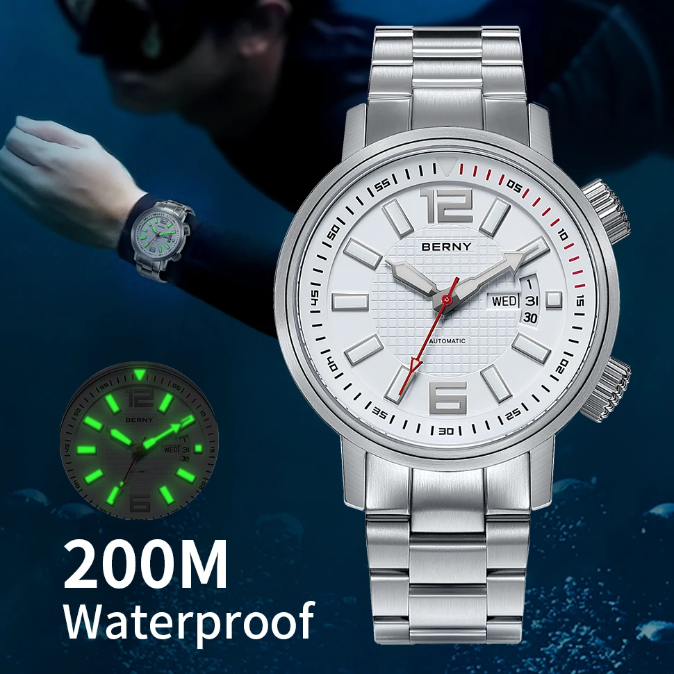 BERNY 20ATM Diver Mechanical Watch For Men Super Luminous Swim Watch Sport Miyota 8205 Sapphire Automatic Diving Men Wristwatch boderry titanium diver watch men luxury bronze watch automatic mechanical wristwatch seiko nh35 sport 100m waterproof luminous