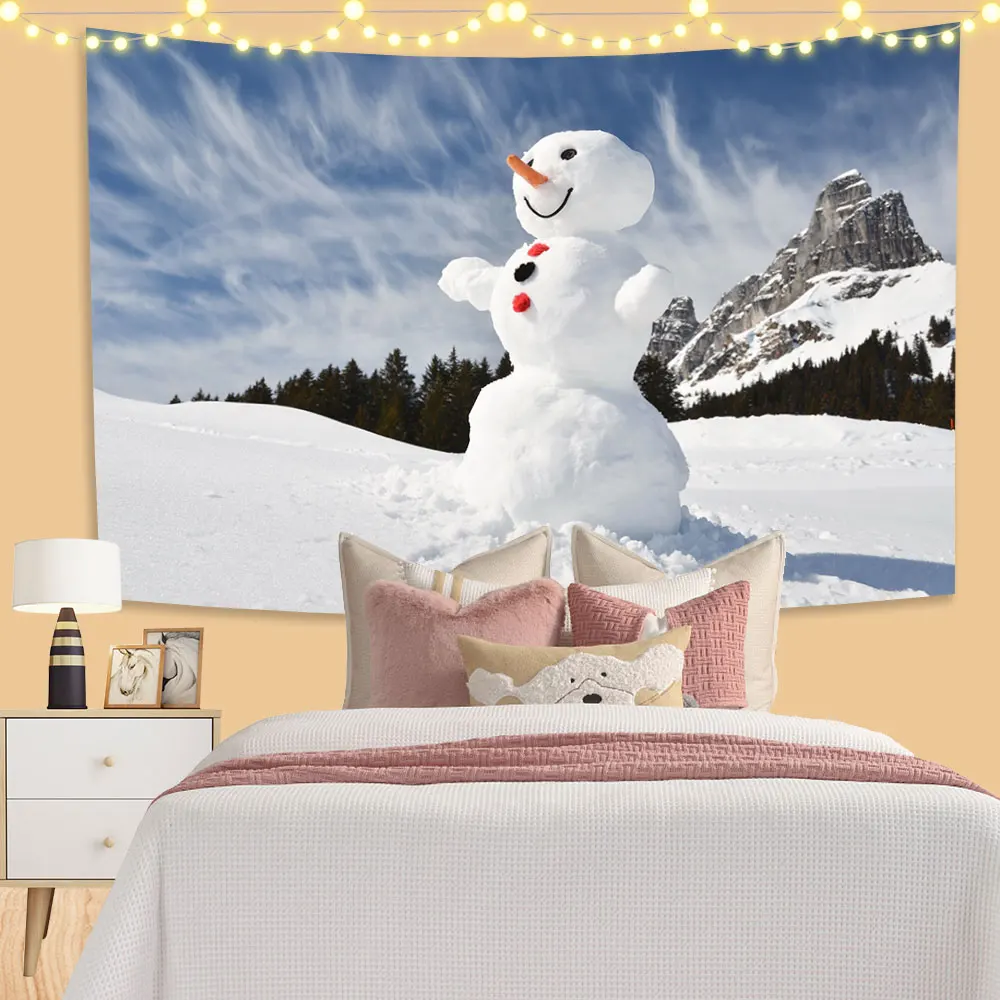 

QdDeco Cute Snowman Tapestry Christmas Gift Snow Scenery Print Wall Hanging Carpets Aesthetic Room Decorations