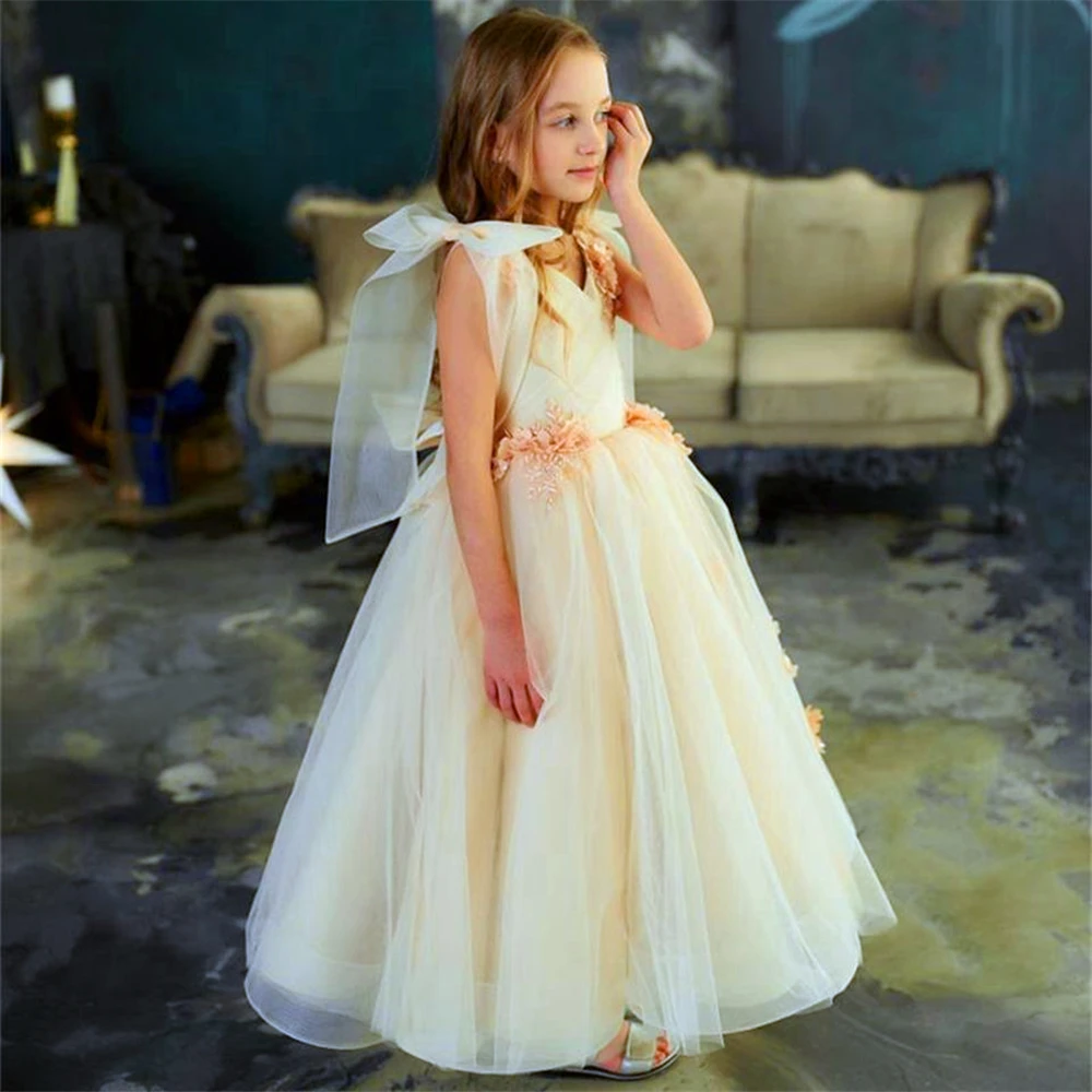 

Sleeveless Yellow Angel Tulle Lace Decal Flower Girl Dress Princess Ball First Communion Dresses Kids Surprise Birthday Present