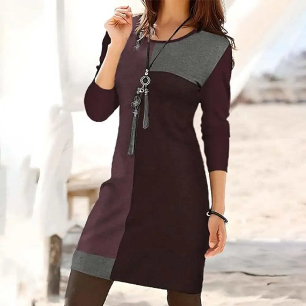 

Women Long Sleeve Dress Geometric Round Neck Spring Dress for Women Loose Pullover Mini Dress with Long Sleeves Color Matching