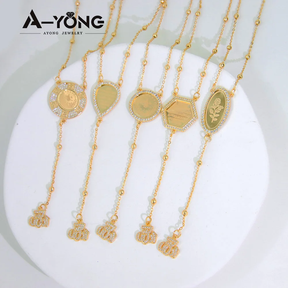 Dubai Gold Color Long Necklace 21k Gold Plated Personality Zirconia Arab Turkish Coin Jewelry Women Bridal Wedding Banquet Parts