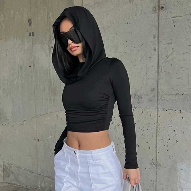 New Spring and Autumn 2025 Fashion Women's Hooded Long Sleeve T-Shirt Elegant Slim Short Casual Solid Color Top