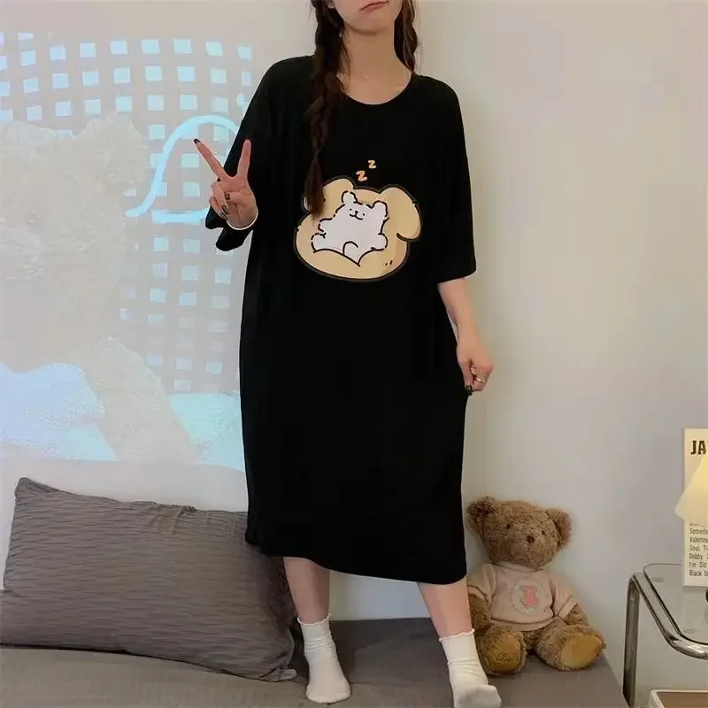 Women Large Size Short-sleeved Lazy T-shirt Skirt Korean Cute Cartoon Pajamas Students Sleepwear 150kg Fat Mm Loose Home Dress women pajamas,sleeping dress