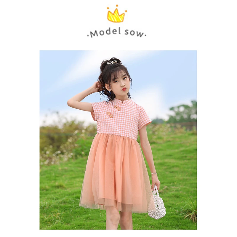 TON LION KIDS 2022 Summer Cute Tulle Fashion Short Sleeve Dress Patchwork Plaid Dress Ages 5-12 Girls Dresses Kids Dress christmas dress