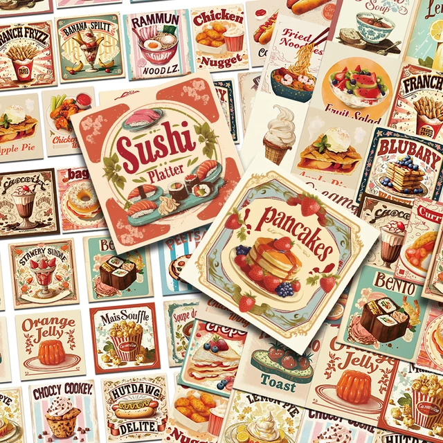 50pcs Retro Food Cake Noodle Stickers Decals For Laptop Scrapbook Suitcase Refrigerator Guitar DIY Cartoon Aesthetic Stickers 1