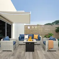 4 Piece Patio Furniture Set with Fire Pit Table Grey Wicker Outdoor Couch Balcony Sofa Patio Conversation Sets PE Rattan Chair, 2