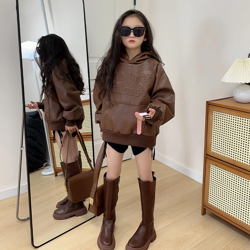 

Late Autumn Girls Pu Sweat Shirt Baby Pullover Kids Tops Children Clothes Faux Leather Hooded Letter Warm Velvet 4-14Y