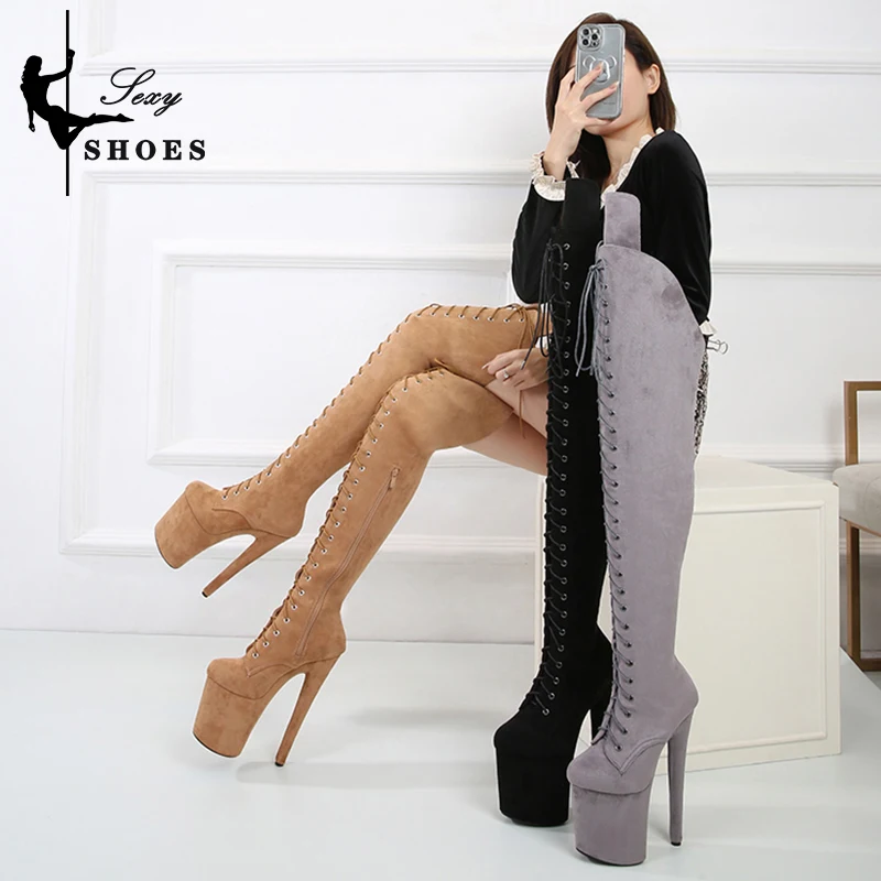Platforms Boots 20CM Suede Over-the-Knee ladies Peep Toe Flock Long Boots Stripper shoes Spring/Autumn Heels for women Sexy Shoe