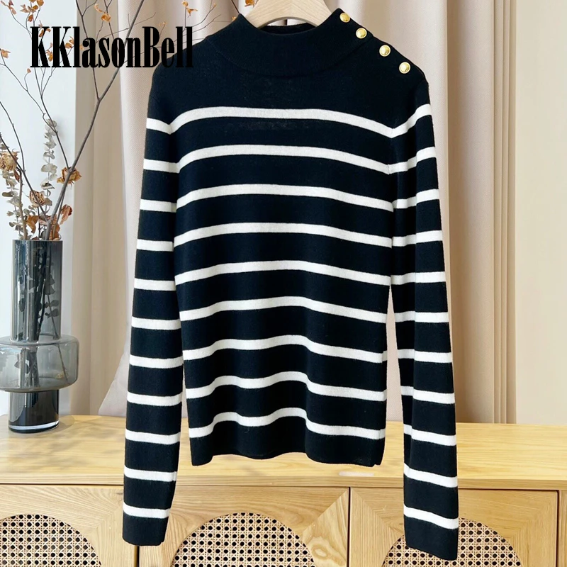 

1.7 KKlasonBell Striped Mock Neck Long Sleeve Gold Button Slim Stretch Knitted Cashmere Wool Pullover Sweater Women