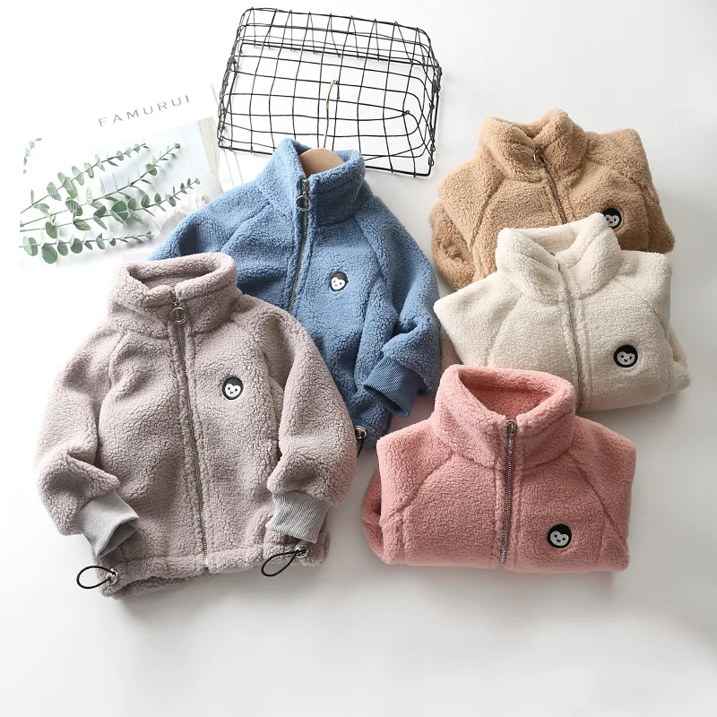 

Children's Fleece Warm Coat 2022 Autumn Winter Drawstring Stand Collar Kids Plush Thicken Jacket For Baby Boys Girls 2-10 Y Wear