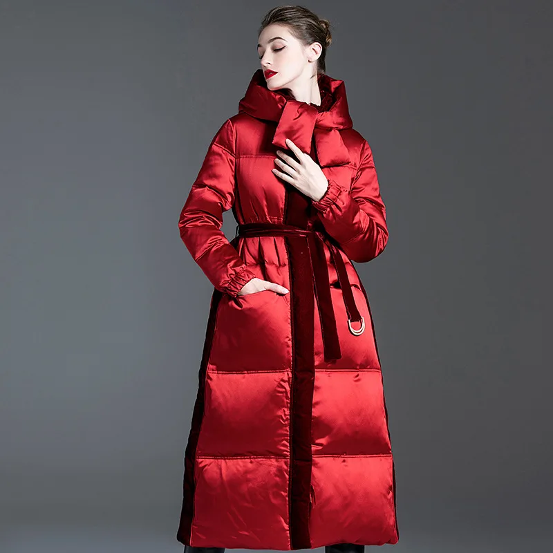 Down jacket women's 2023 new long hooded padded red down coat white down winter coat women's coat