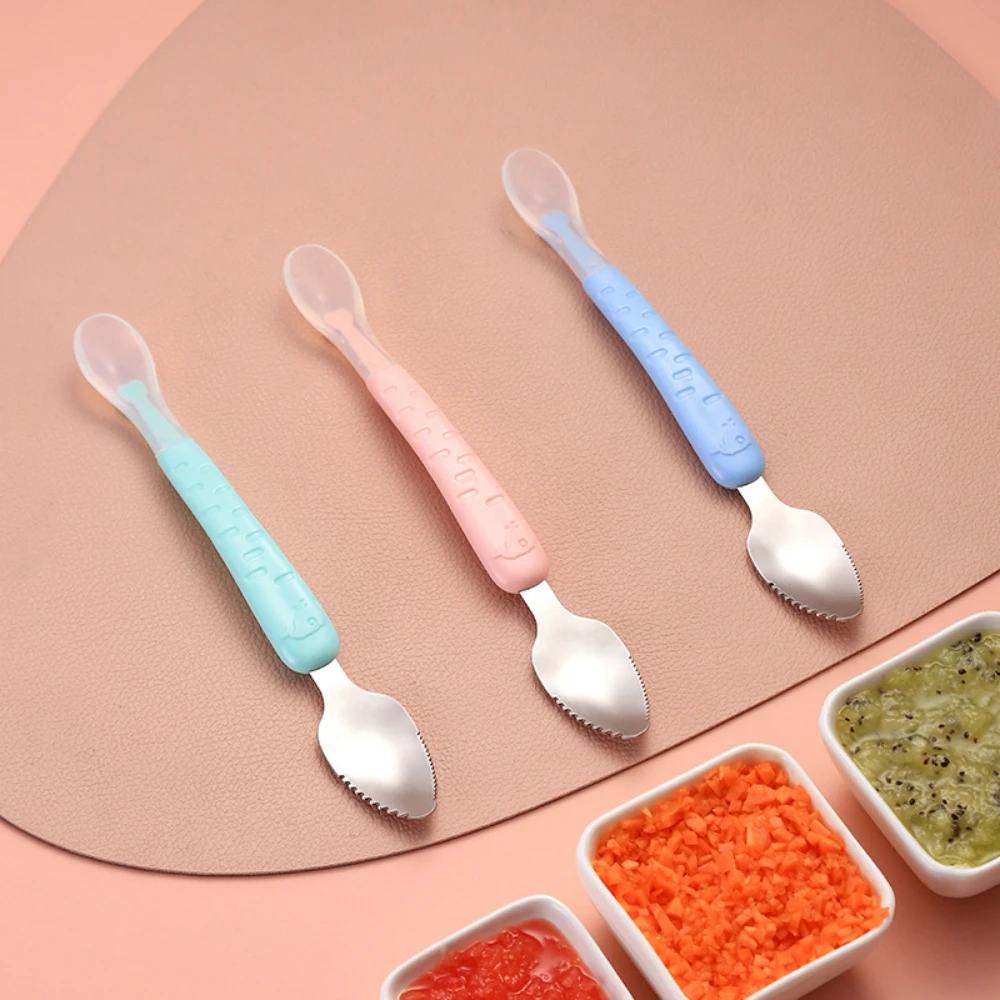 2022 Baby Scraper Apple Puree Spoon Tableware Supplement Food Scraping Mud Double-Headed Stainless Steel Kids Fruit Puree Tools
