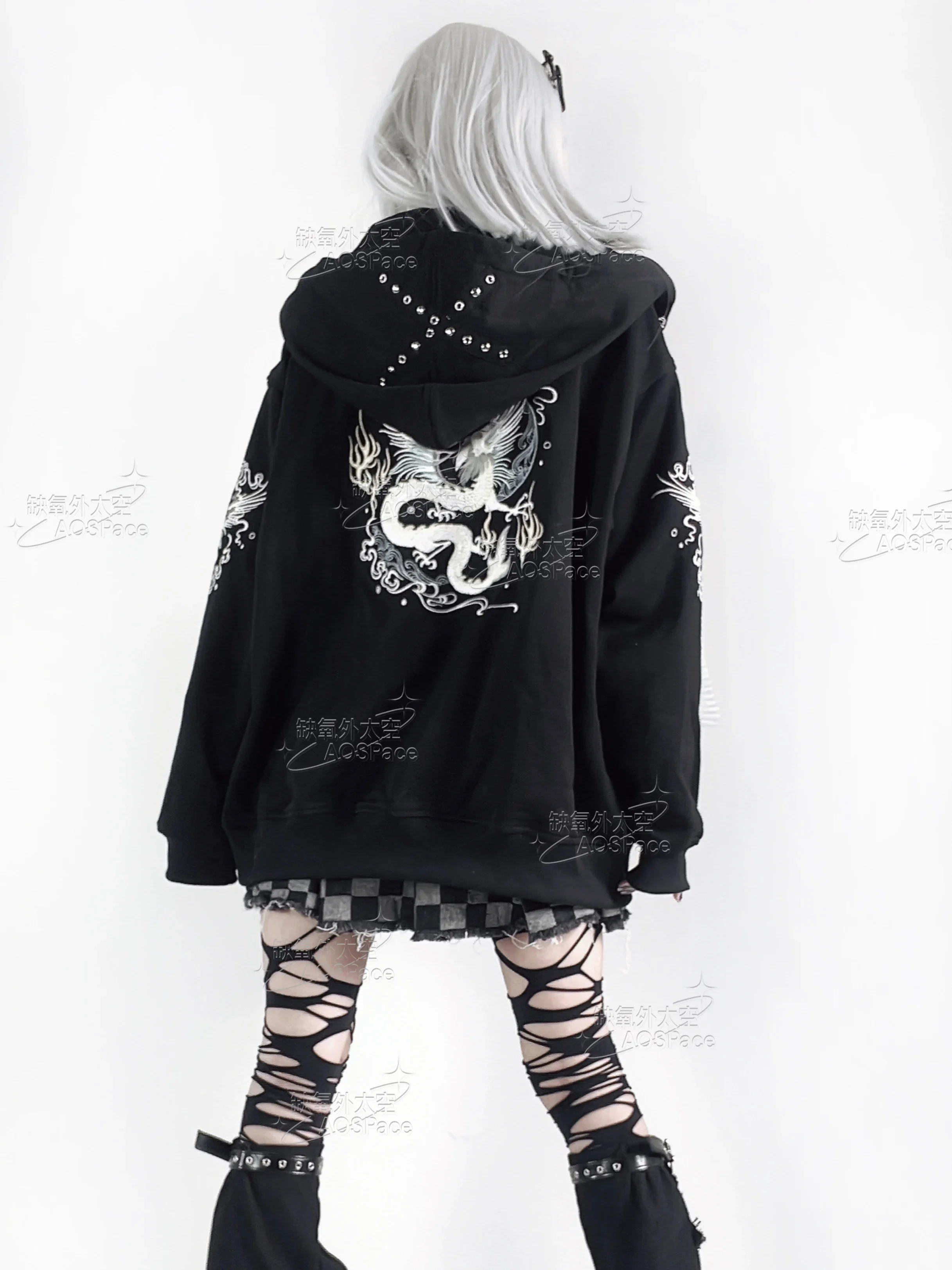 高品質CHINA GOTHIC 着物袖HOODIE Asian Culture Embroidery Black and White Printing Zipper