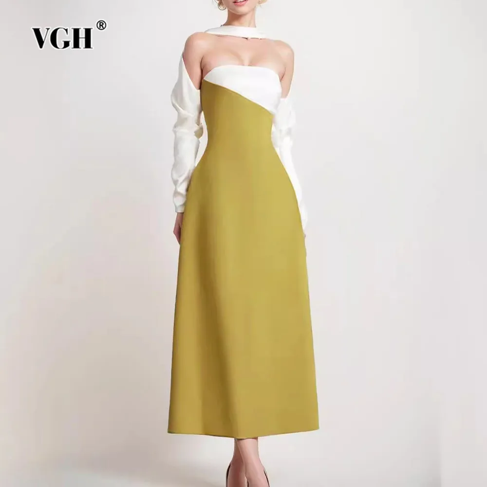 

VGH Hit Color Hollow Out Dresses For Women For Women Halter Long Sleeve High Waist Patchwork Zipper Temperament Dress Female New