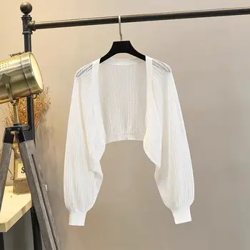 Lantern Sleeve Ice Silk Knitted Cardigan for Women Summer Thin Loose Fit Outerwear with Slip DressSun Protection Cover-Up 1