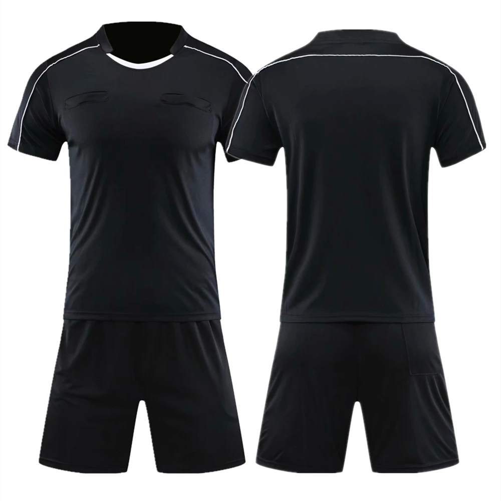 Professional Soccer Referee Uniform Men Round Neck Football Referee Jersey Set Short Sleeve Judge shirt Three Pockets Shorts