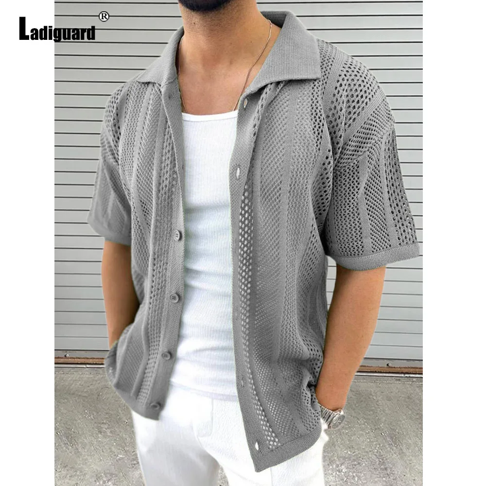 Ladiguard Summer New Knitting Blouse Solid White Transparent Shirt Camisa Mens Beach Top Cardigans Lepal Collar Knitwear
