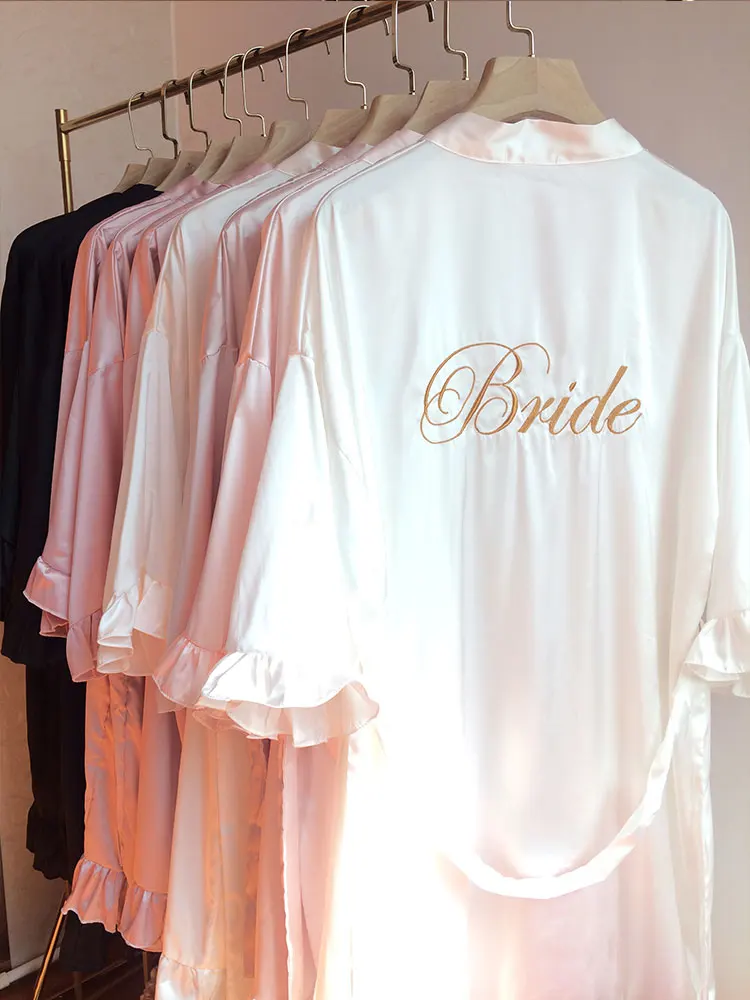 Embroidered Bride Robe Personalized Ruffle Bridesmaids Silk Robes