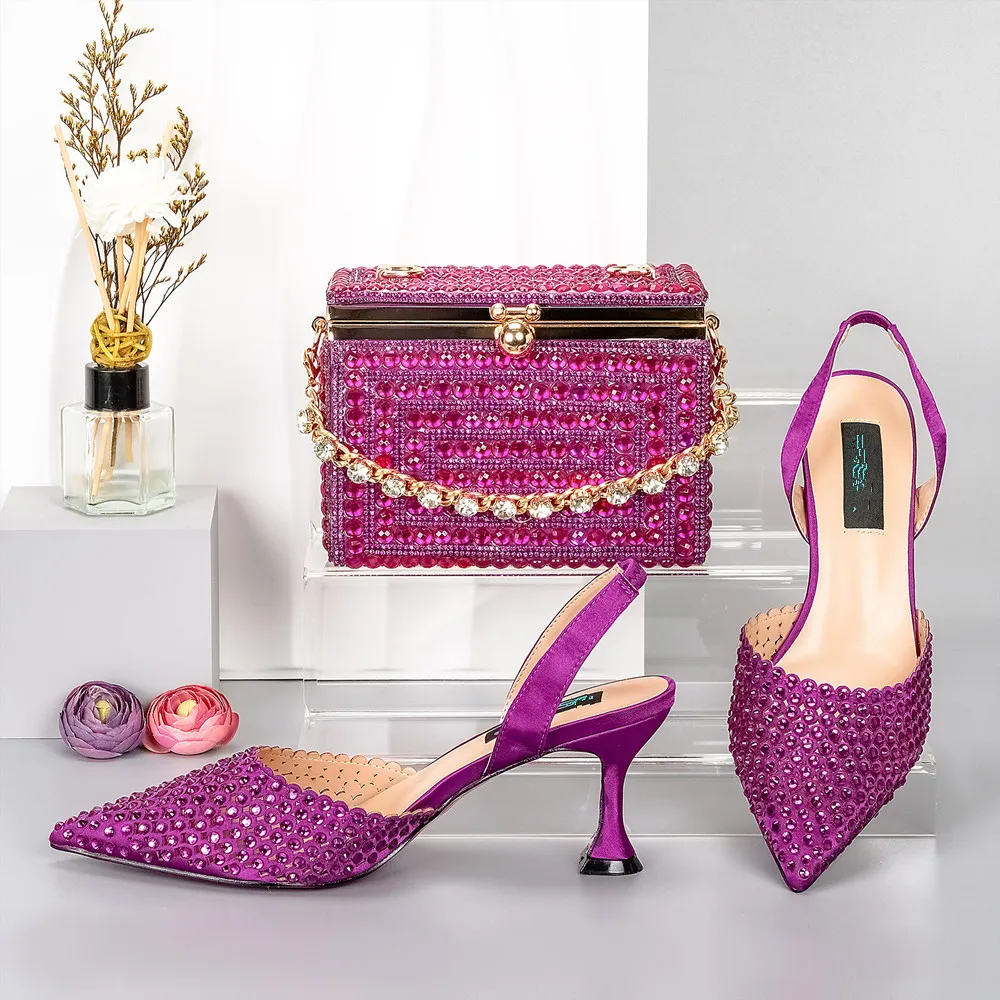 

Gorgeous Magenta Thin Heels 7.5CM Women Pointed Toe Shoes Match Crystal Handbag African Dressing Pumps And Bag Set QSL078