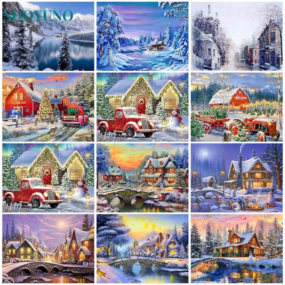 

SDOYUNO Painting By Number Winter Scenery Christmas House Handpainted Picture Of Coloring By Numbers Home Living Room Diy