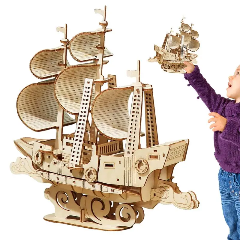 3D Wooden Puzzles Sailing Boat Model Building Kit Ship Assemble Building Blocks Wooden Boat Puzzles DIY Tabletop ornament gift