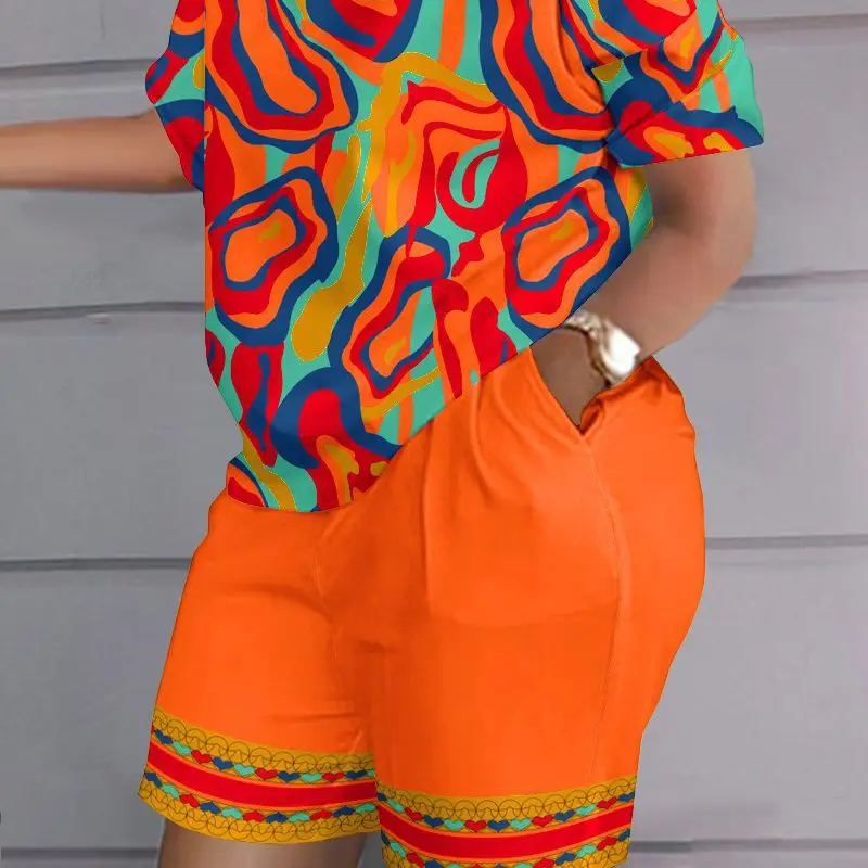 

Multi-Color Abstract Heart Print Top & Shorts Set Women Short Sleeve Tee T Shirt High Waist Shorts Pants Summer
