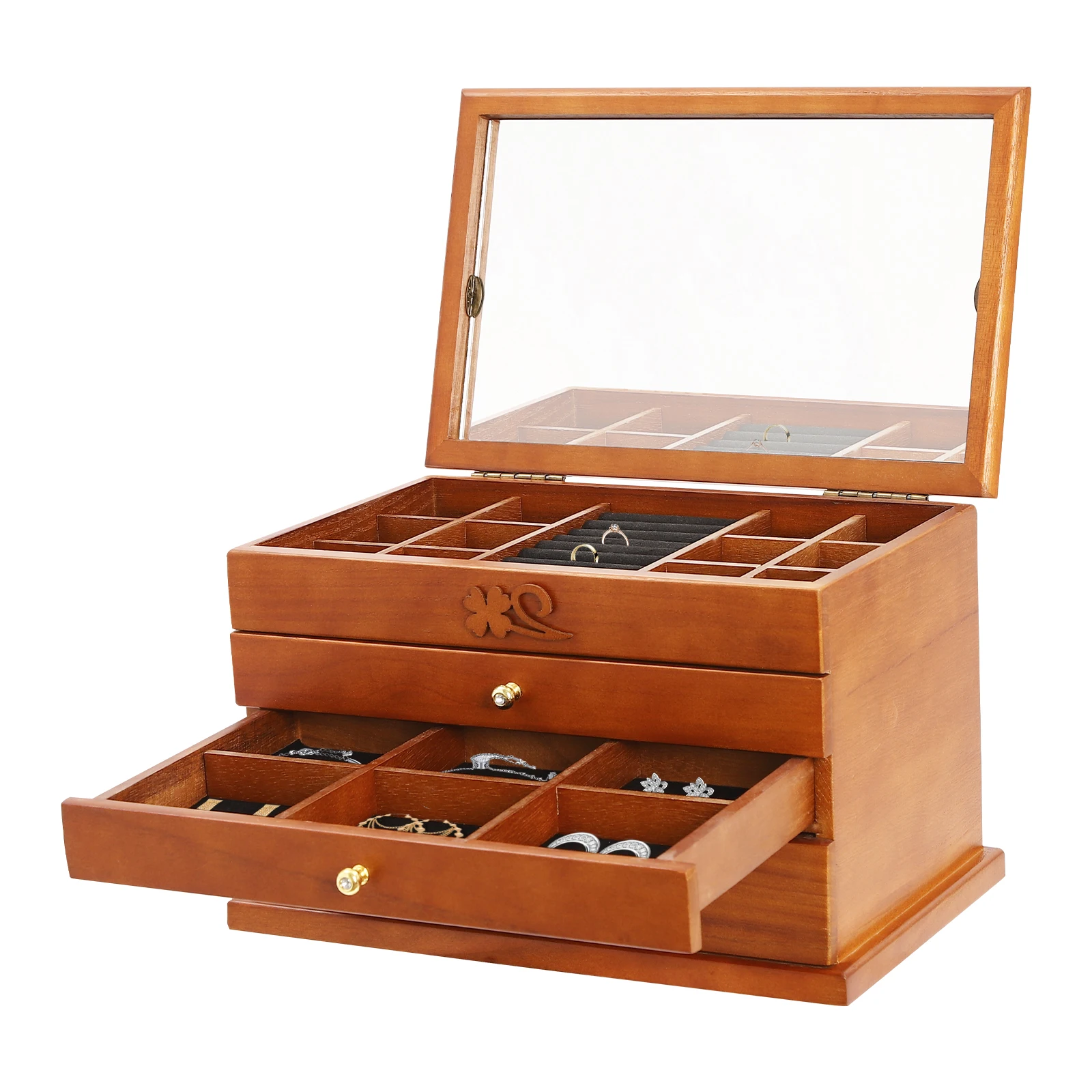 Sturdy Jewelry Box, 3 Pull-Out Drawers, 4 Tiers, Removable Lattice, Large Capacity, Sycamore Wood, Perfect Gift for Women 4