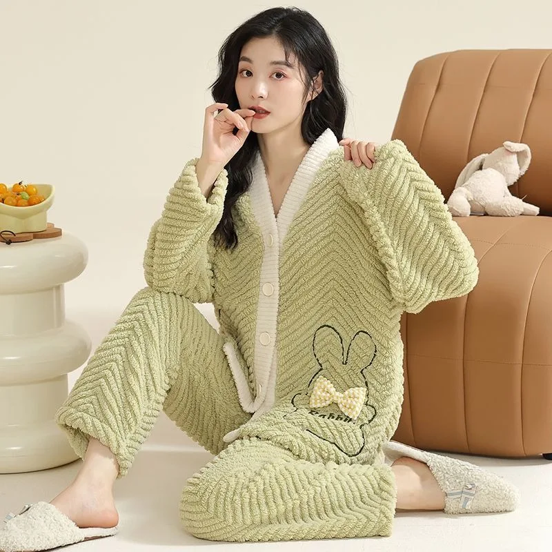 2024 New Sleepwear Women's Winter Coral Plush Loungewear Thickening Plunging Style Sleepwear Flannel Cute V-neck Homewear Set