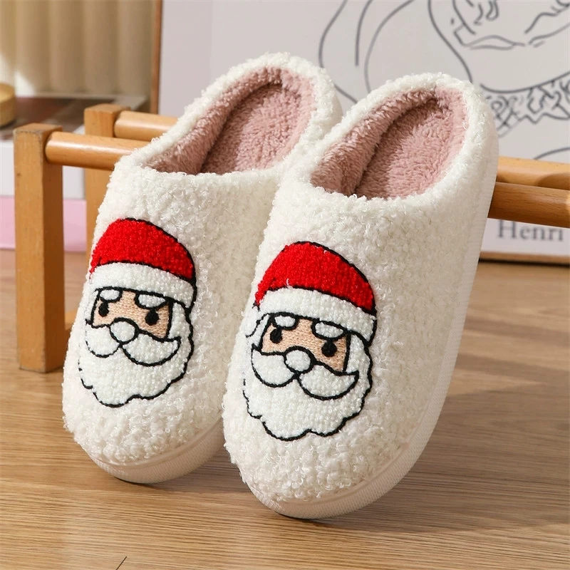 Cartoon Christmas House Slippers Women Cute Gingerbread Winter Warm Slides Couple Flat Heel Round Toe Cotton Slippers Woman