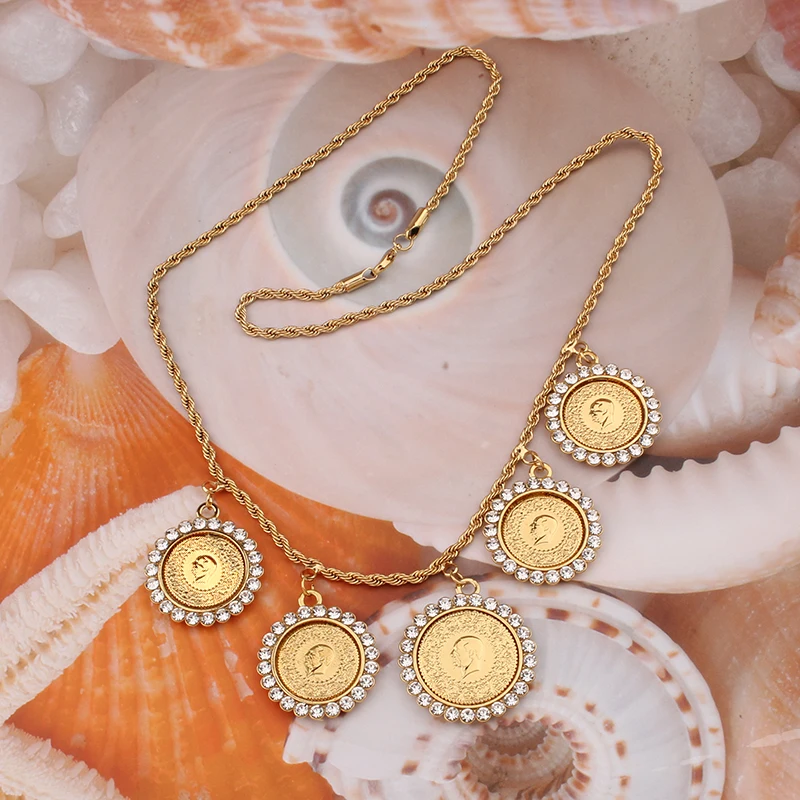 Ottoman Totem Necklace Set Gold Plated Turkish Coin Bridal Jewelry Set Middle East Wedding Muslim Sets Bijoux De Mariage Femmes