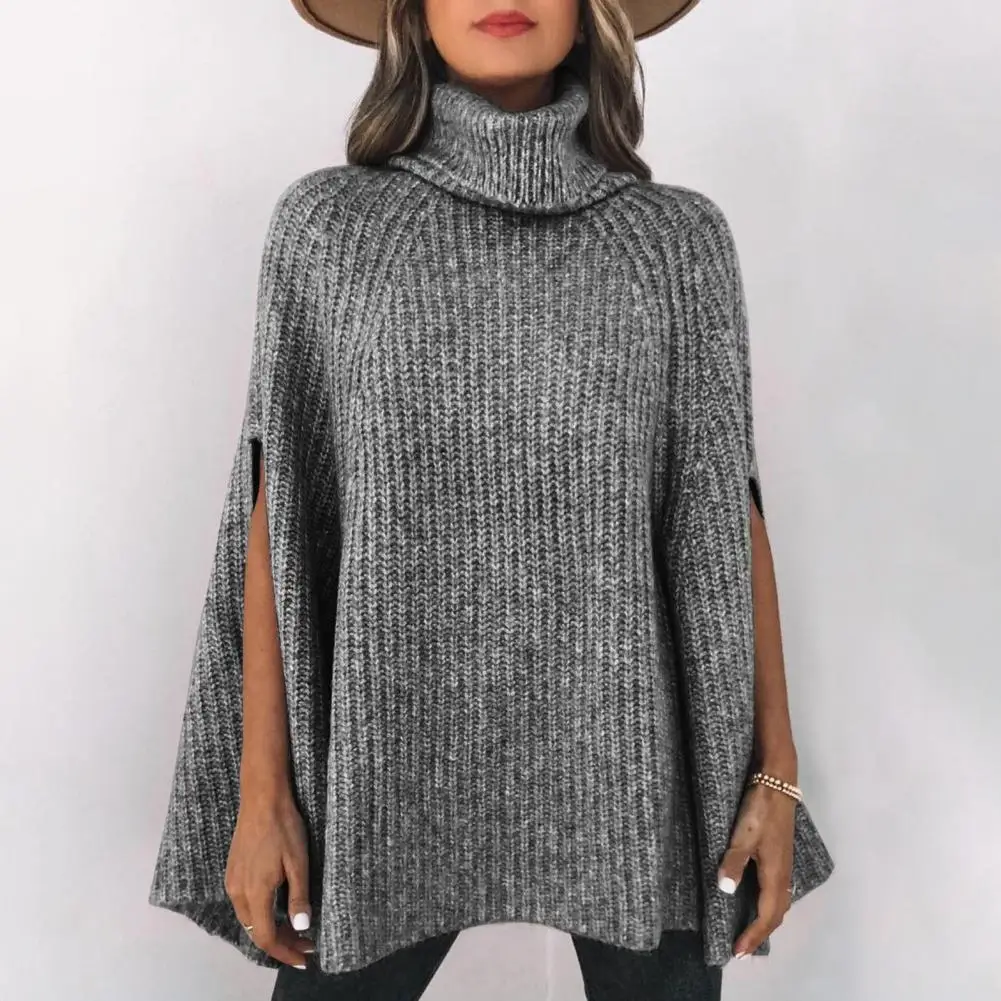

Women Sweater Solid Color Turtleneck Batwing Sleeve Loose Streetwear Autumn Winter Slit Knitted Cape Sweater For Daily Wear